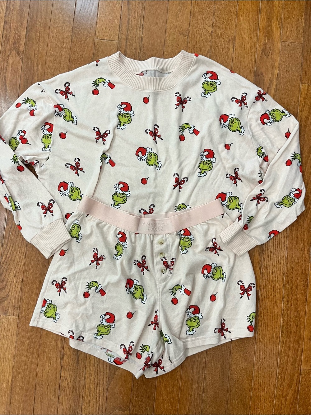 American Eagle Christmas Grinch Pajama Set - Pink with Green & Red